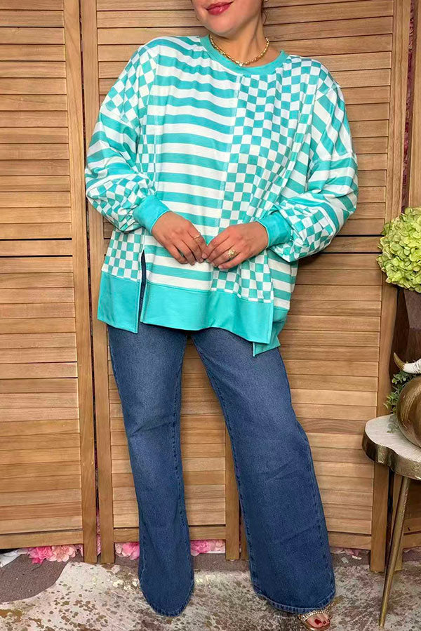Trendy turquoise patchwork checkered & stripes women's boutique top XCH17289