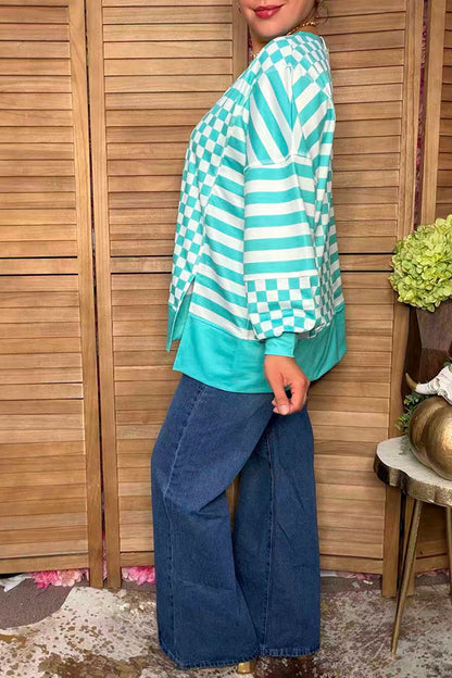 Trendy turquoise patchwork checkered & stripes women's boutique top XCH17289