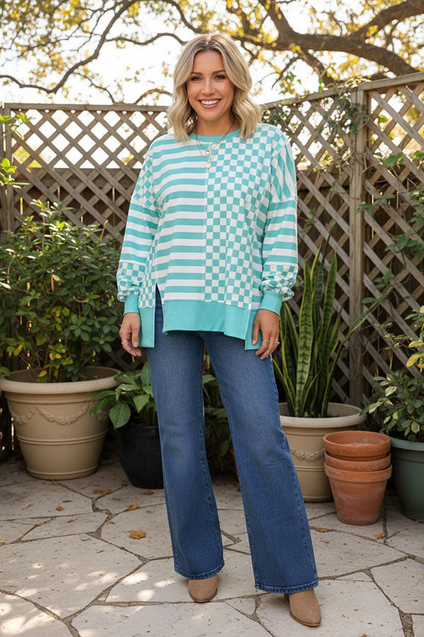 Trendy turquoise patchwork checkered & stripes women's boutique top XCH17289