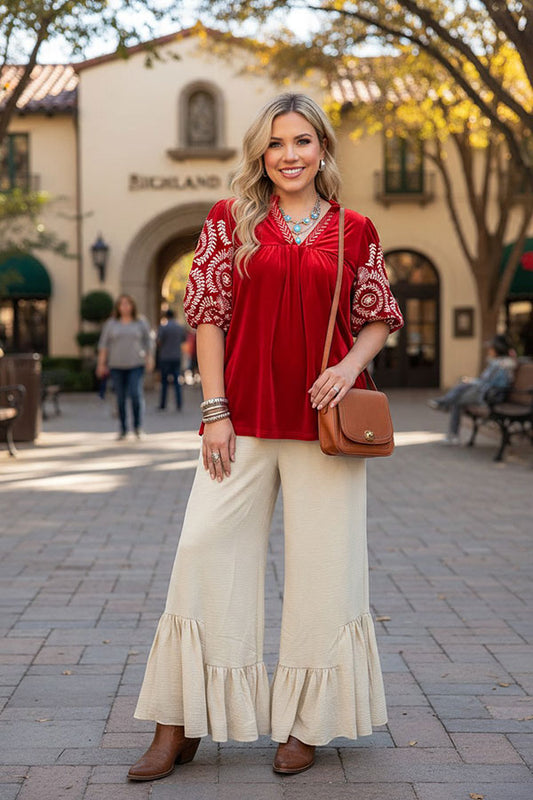 Western red velvet embroidery women's boutique top Southern Stitch XCH17312