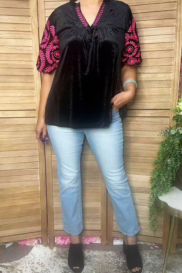Chic pink floral embroidery black velvet women's boutique top Southern Stitch XCH17313