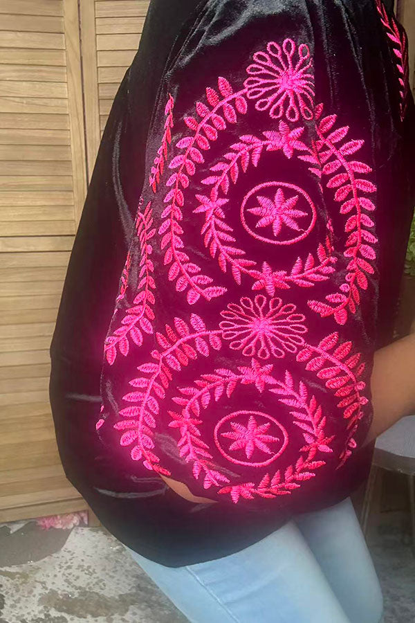 Chic pink floral embroidery black velvet women's boutique top Southern Stitch XCH17313
