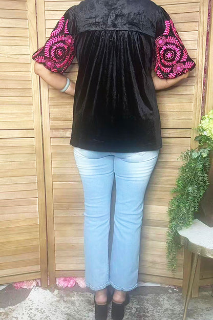 Chic pink floral embroidery black velvet women's boutique top Southern Stitch XCH17313