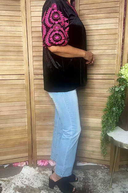 Chic pink floral embroidery black velvet women's boutique top Southern Stitch XCH17313