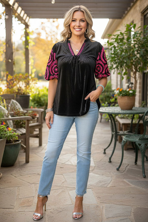 Chic pink floral embroidery black velvet women's boutique top Southern Stitch XCH17313
