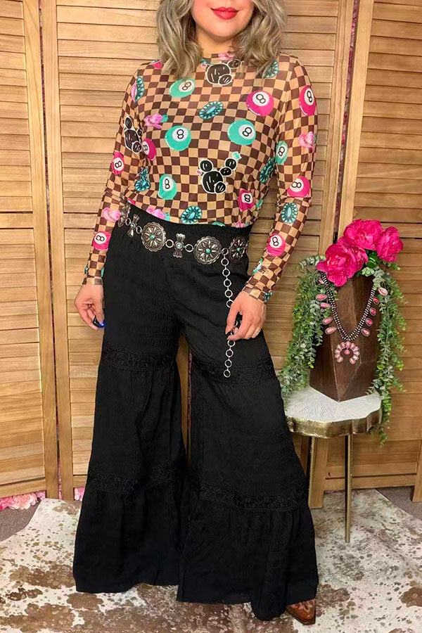 Western solid black wide leg women's boutique pant w/lace trim Southern Stitch XCH17283