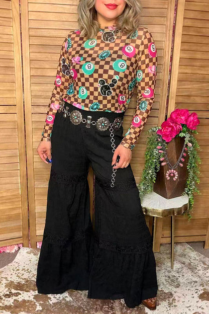 Western solid black wide leg women's boutique pant w/lace trim Southern Stitch XCH17283