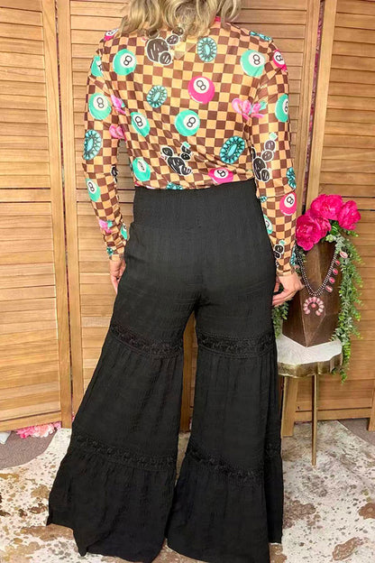 Western solid black wide leg women's boutique pant w/lace trim Southern Stitch XCH17283