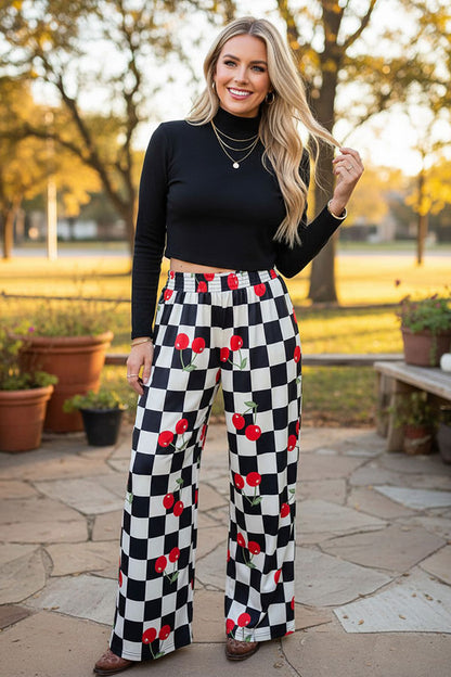 Western checkered & cherry wide leg women's boutique pant Southern Stitch XCH17347