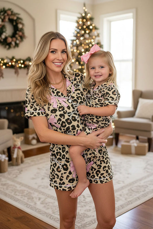 Western Mom and me leoaprd & pink bows women's boutique set XCH17361