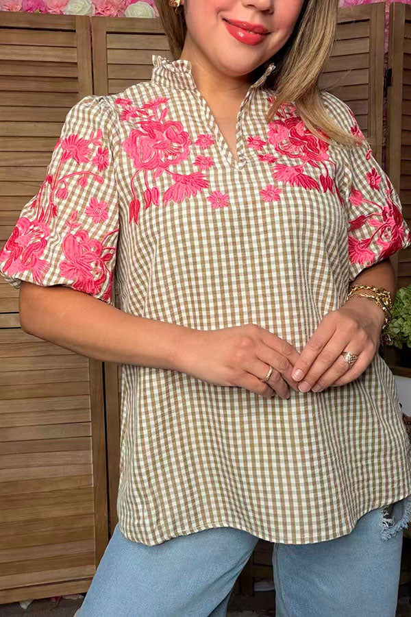 Trendy pink floral embroidery tan checkered women's boutique top Southern Stitch XCH17369