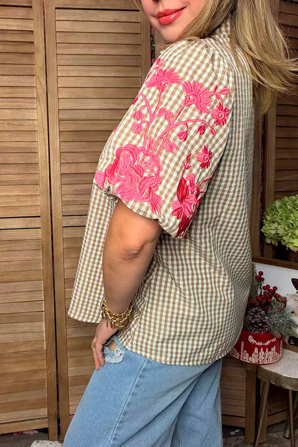 Trendy pink floral embroidery tan checkered women's boutique top Southern Stitch XCH17369