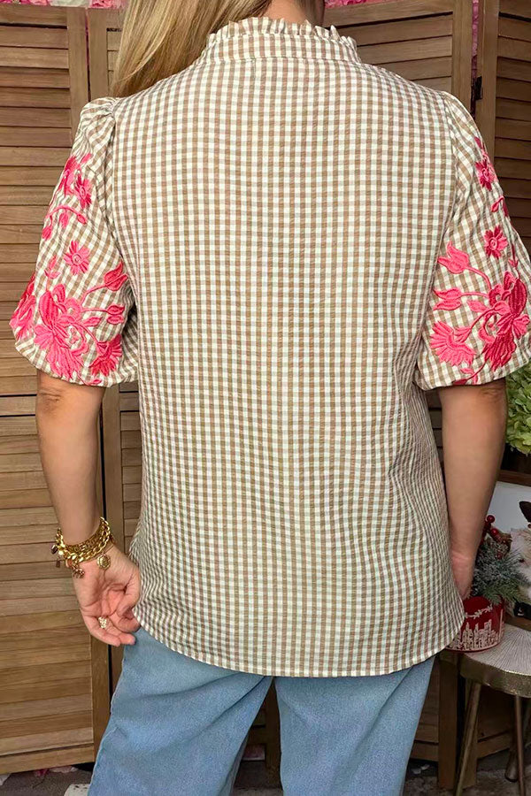 Trendy pink floral embroidery tan checkered women's boutique top Southern Stitch XCH17369