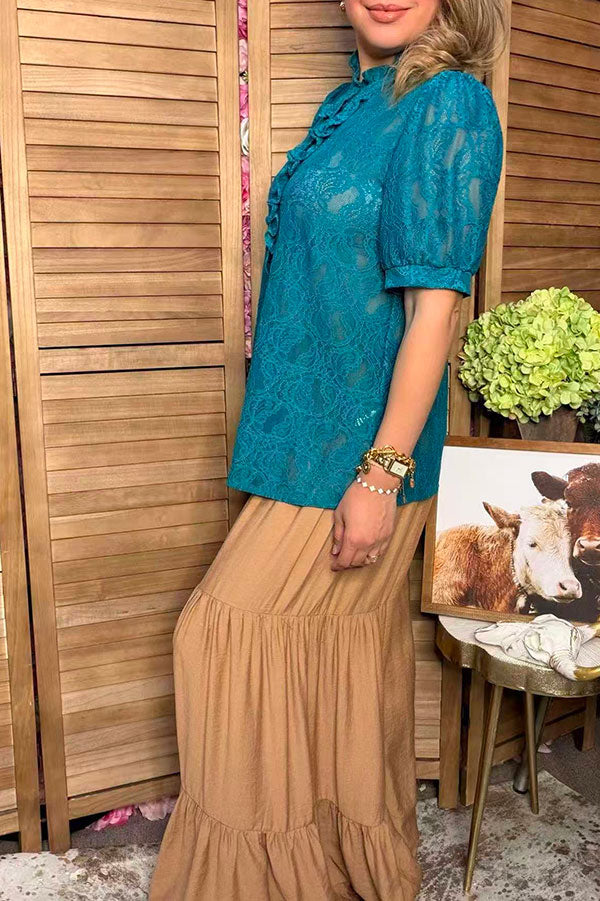 Western teal lace sheer ruffle short sleeve women's boutique top XCH17377