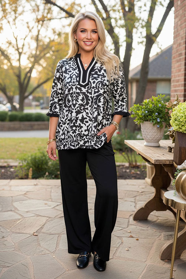 Western black floral print 3/4 sleeve women's boutique top Southern Stitch XCH17381