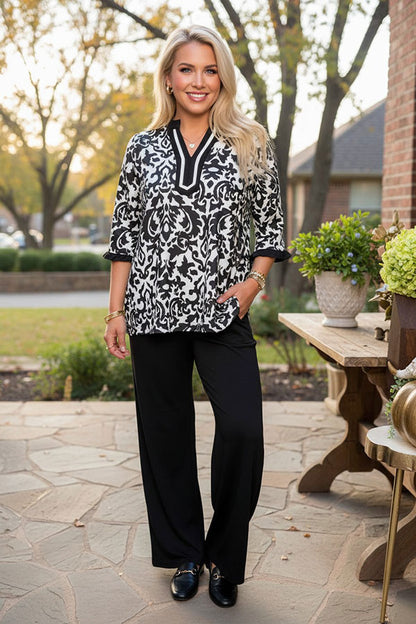 Western black floral print 3/4 sleeve women's boutique top Southern Stitch XCH17381