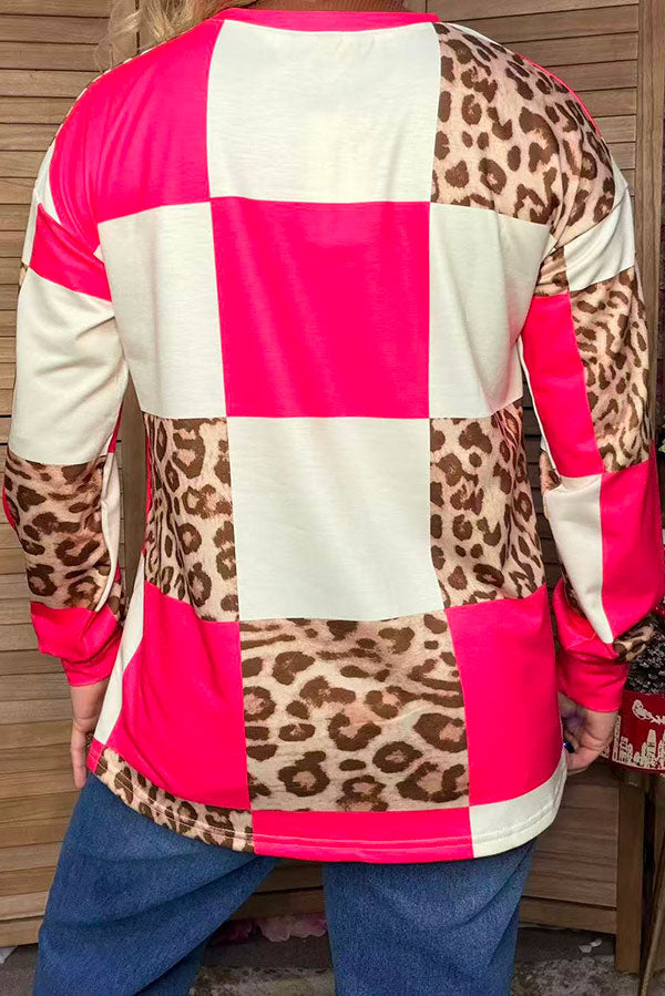 Western leopard & pink checkered long sleeve women's boutique top Southern Stitch XCH17400