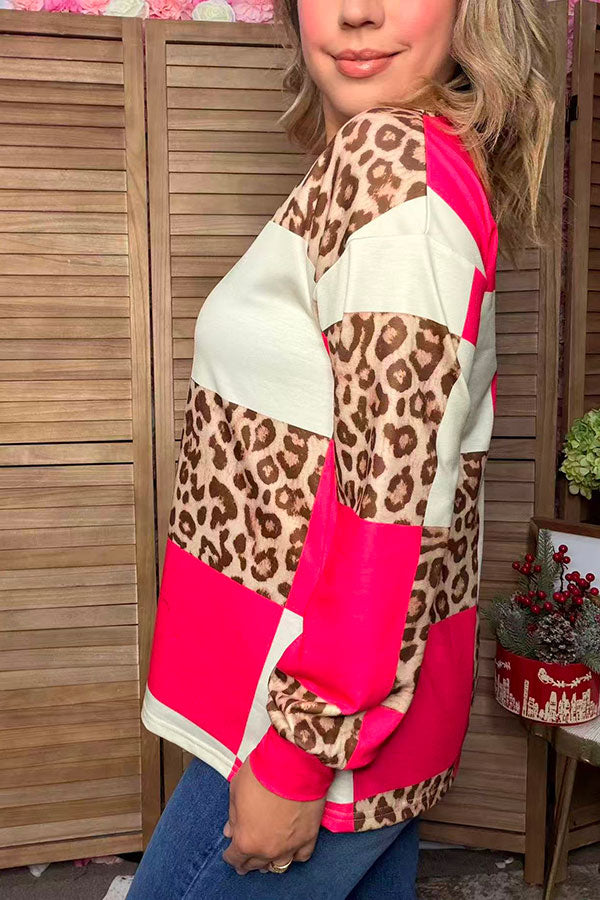 Western leopard & pink checkered long sleeve women's boutique top Southern Stitch XCH17400