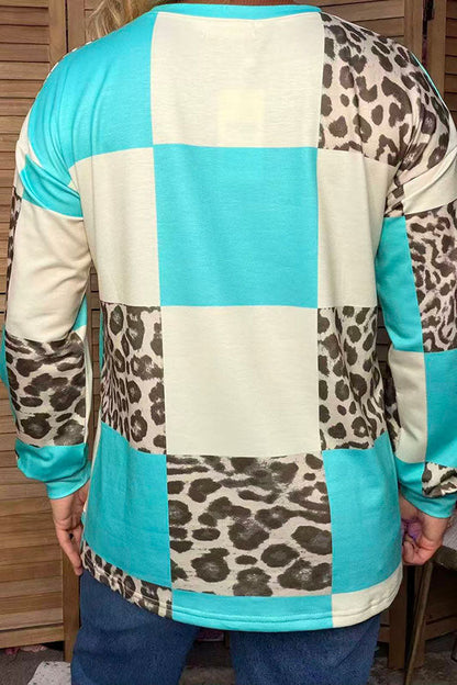 Western leopard & turquoise checkered long sleeve women's boutique top Southern Stitch XCH17401