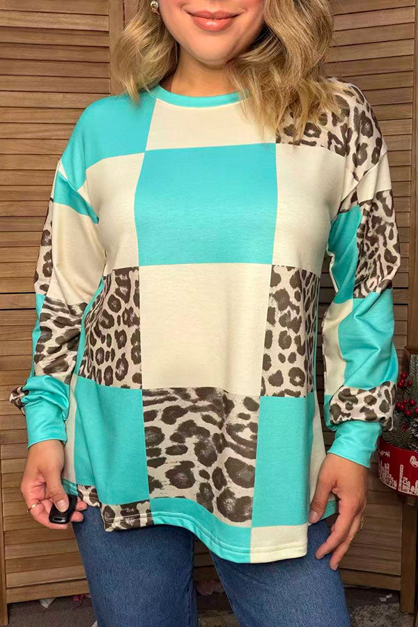 Western leopard & turquoise checkered long sleeve women's boutique top Southern Stitch XCH17401