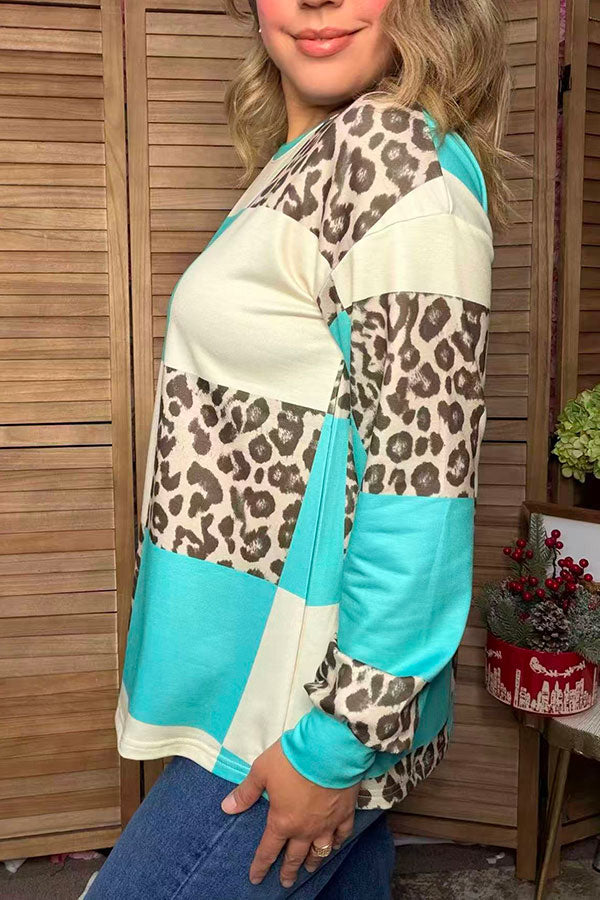 Western leopard & turquoise checkered long sleeve women's boutique top Southern Stitch XCH17401