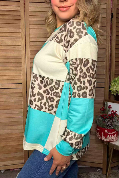 Western leopard & turquoise checkered long sleeve women's boutique top Southern Stitch XCH17401