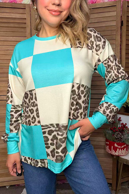 Western leopard & turquoise checkered long sleeve women's boutique top Southern Stitch XCH17401