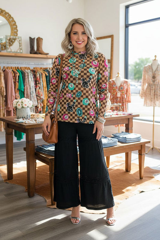 Western checkered sheer long sleeve women's boutique top Southern Stitch XCH17409