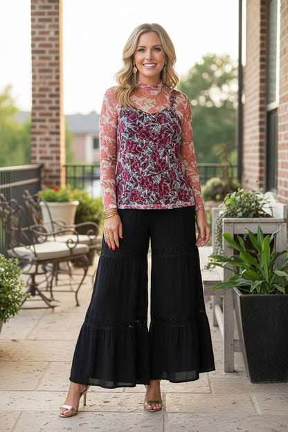 Western pink rose sheer lace women's boutique top Southern Stitch XCH17439