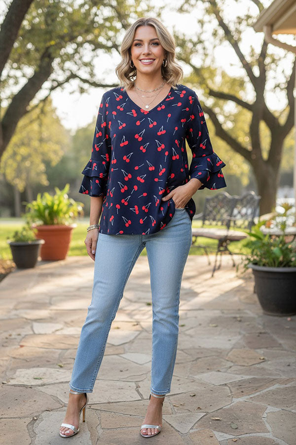 Trendy cherry navy blue women's boutique top Southern Stitch XCH17442