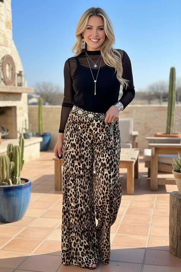 Western leopard tiered wide leg women's boutique pant Southern Stitch XCH17450