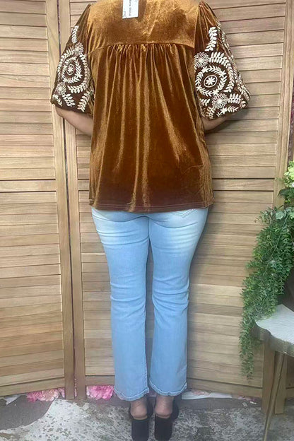 Chic cream floral embroidery brown velvet women's boutique top Southern Stitch XCH17451
