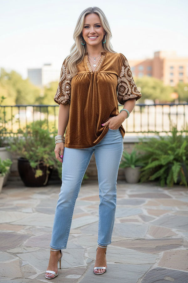 Chic cream floral embroidery brown velvet women's boutique top Southern Stitch XCH17451