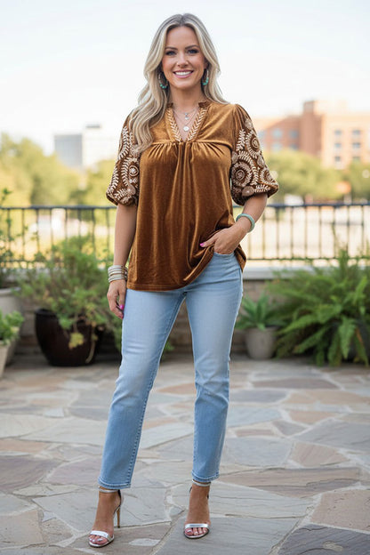 Chic cream floral embroidery brown velvet women's boutique top Southern Stitch XCH17451