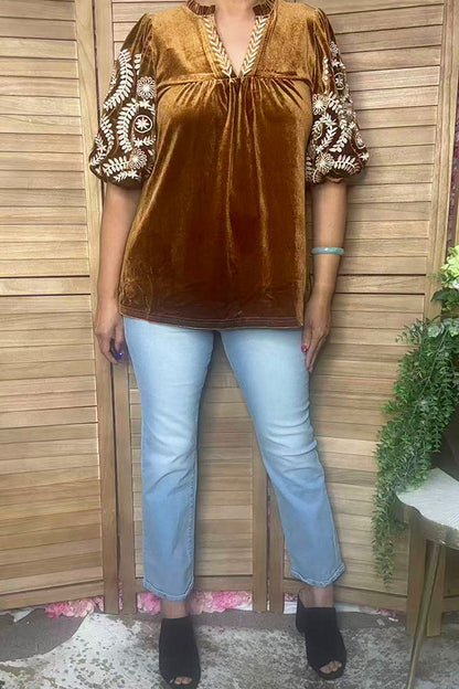 Chic cream floral embroidery brown velvet women's boutique top Southern Stitch XCH17451