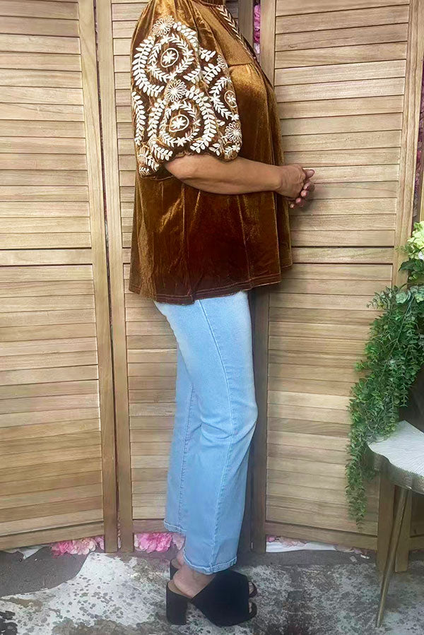 Chic cream floral embroidery brown velvet women's boutique top Southern Stitch XCH17451