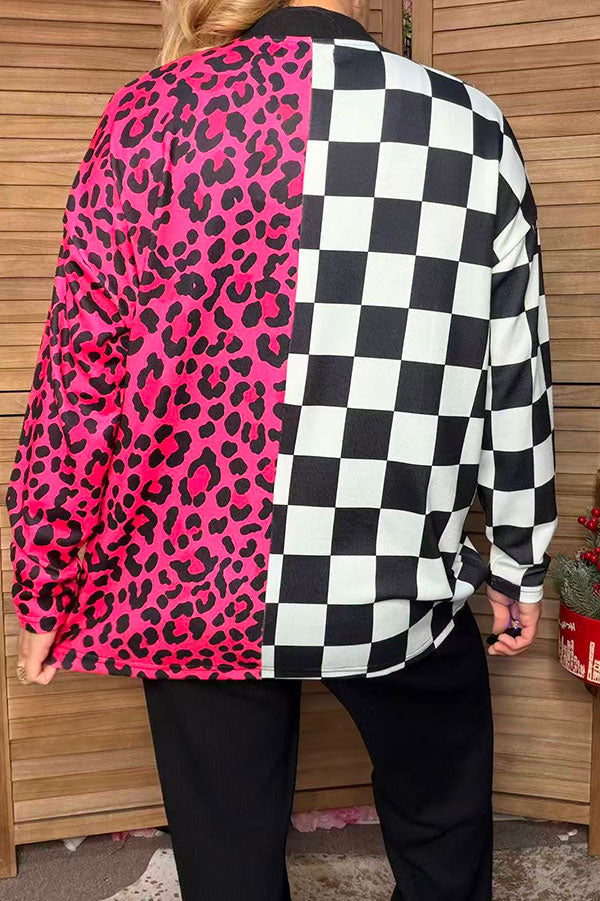 Western pink leopard & checkered long sleeve women's boutique cardigan Southern Stitch XCH17465