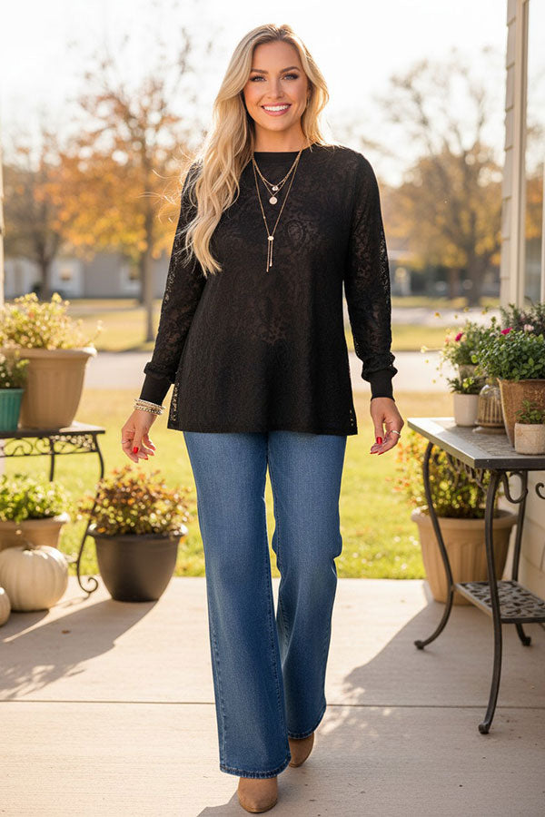 Western paisley pattern black lace sheer women's boutique top Southern Stitch XCH17480