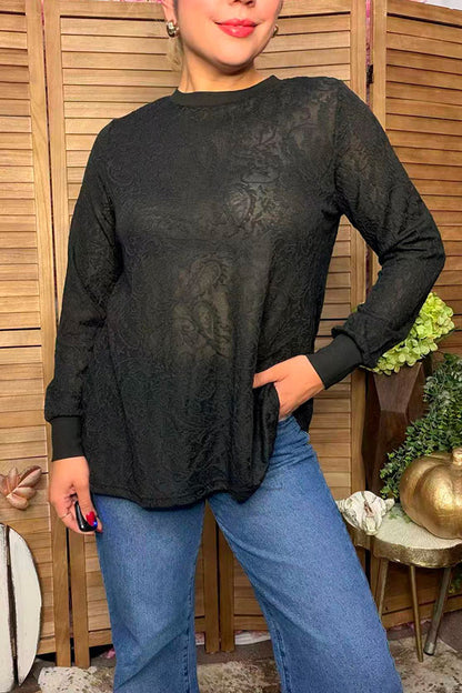 Western paisley pattern black lace sheer women's boutique top Southern Stitch XCH17480