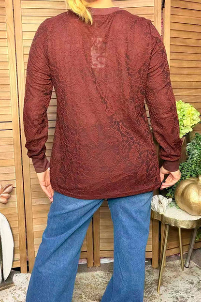 Western paisley pattern brown lace sheer women's boutique top Southern Stitch XCH17481