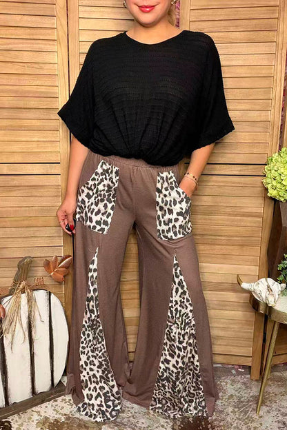 Western leopard & brown patchwork wide leg women's boutique pant XCH17483