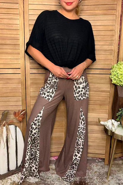 Western leopard & brown patchwork wide leg women's boutique pant XCH17483