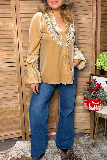 Western aztec embroidery velvet women's boutique blouse Southern Stitch XCH17500