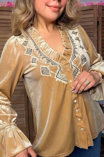 Western aztec embroidery velvet women's boutique blouse Southern Stitch XCH17500