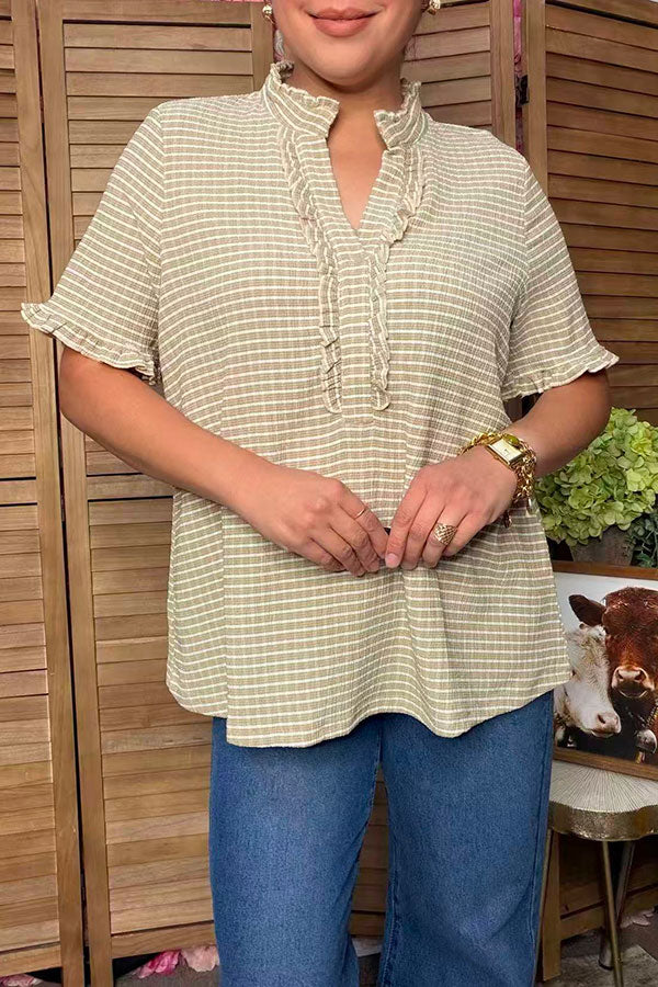 Trendy plaid ruffle short sleeve & front women's boutique top Southern Stitch XCH17538