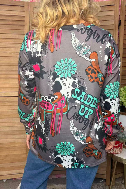 Western cowgirl print long sleeve women's boutique tops Southern Stitch XCH17614