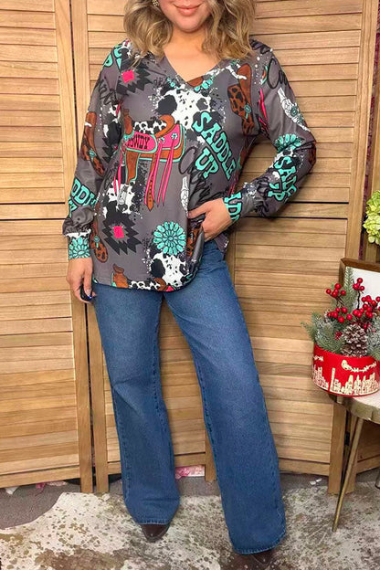 Western cowgirl print long sleeve women's boutique tops Southern Stitch XCH17614