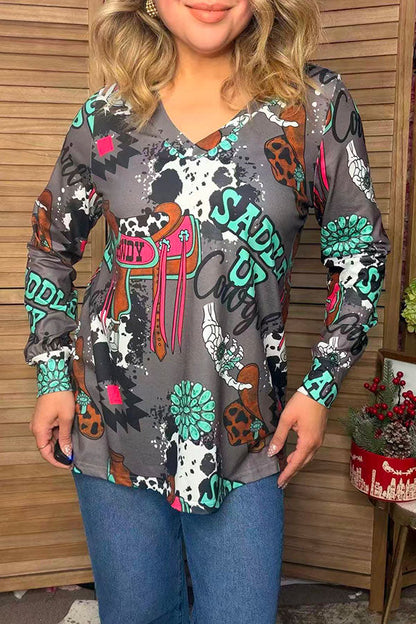 Western cowgirl print long sleeve women's boutique tops Southern Stitch XCH17614