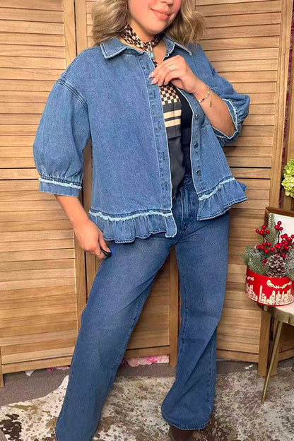 Western denim blue 3/4 sleeve ruffled women's boutique coat Southern Stitch XCH17579