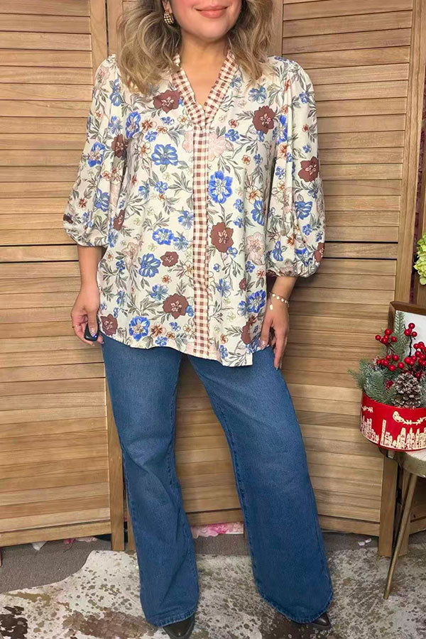 Trendy floral print & plaid ruffle women's boutique tops Southern Stitch XCH17652